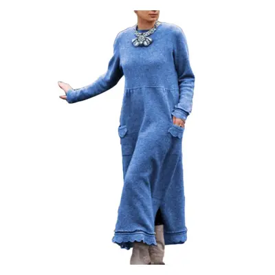 (light blue, XXL) Tambov Autumn Winter Long Sleeve Lacework Hem Plus Size Knit Maxi Dress