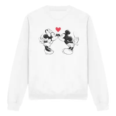 (M, White) Disney Unisex Adult Mickey & Minnie Mouse Kiss Sketch Valentine's Day Sweatshirt