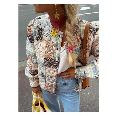 (nude, XS) Retro Print Colourful Cotton Jackets Women O-neck Long Sleeve Single Breasted Coat Au