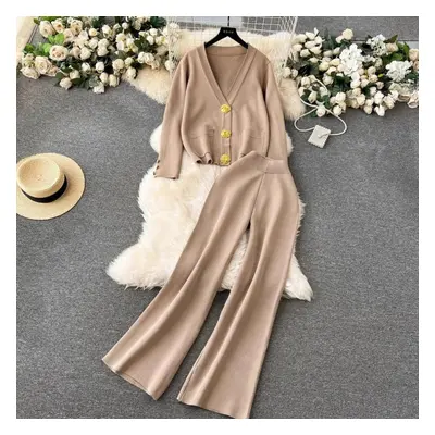 (khaki, One Size) Autumn Winter Golden Buttons V Neck Pocket Cardigan Sweaters + Wide Leg Pants 