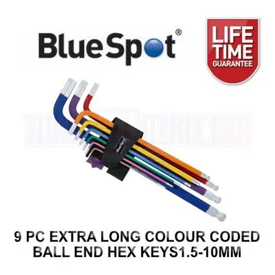 BlueSpot 9pc Extra Long Colour Coded Ball End Metric Hex Key Set 1.5-10mm