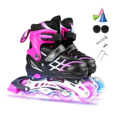 (pink, L) Adjustable Illuminating Inline Skates With Light Up Wheels For Kids And Youth Inline S