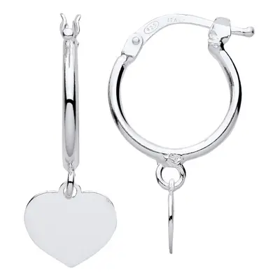 Jewelco London Ladies Rhodium Plated Sterling Silver Hanging Love Heart Charm Hoop Drop Earrings