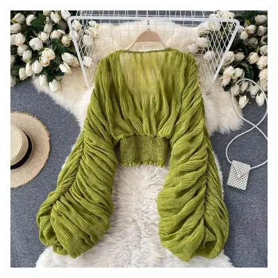 (green, One Size) Women Sexy Chiffon Short Blouse Female See Through Super Long Sleeve Blusas Pa