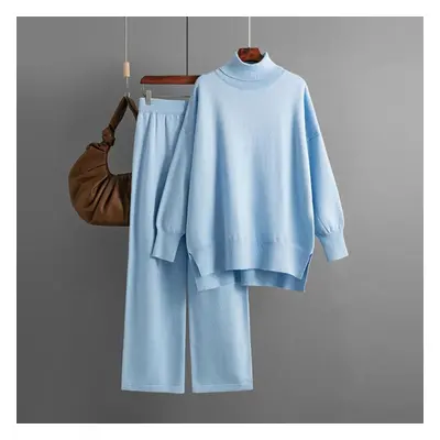 (light blue, OneSize) Fall Winter Lazy Wind Loose Turtleneck Sweater Suit Women&apos;s Solid Col