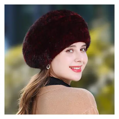 (wine, one size) Fashion Mink Fur Hat Winter Knitted Beret