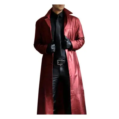 (red, XL) God Temperament Solid Color Trench Style Men&apos;s Fashion Slim Long Leather Jacket D