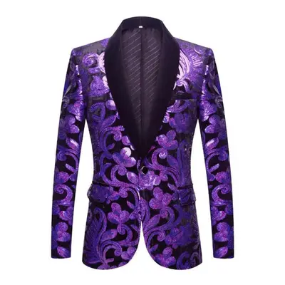 (purple, S) Pyjtrl Mens Fashion Shiny Sequin Floral Pattern Suit Jacket Blazer