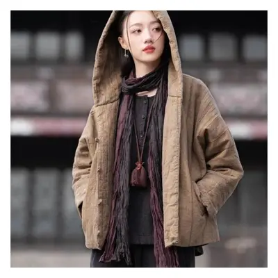 (coffee, One Size) Johnature Women Vintage Cotton Hooded Parkas Button Long Sleeve Warm Coats Wi