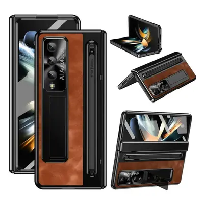 (brown, For Galaxy Z Fold 4) Luxury Leather Bracket Pen Slot With Stylus Case For Samsung Galaxy