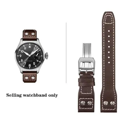 (Brown-silver 22mm) High Quality Genuine Leather Rivets Watchband 21mm 22mm Fit For Iwc Big Pilo