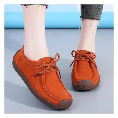 (orange, 40) Suede Leather Women Casual Shoes Lace Up Flats Sneakers Women Moccasins Designer Lo