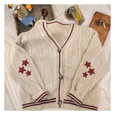 (as the picture, M) Chic Vintage Star Print Knitted Cardigan Preppy Cute Button Up V Neck Long S