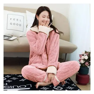 (pink, XXL) Thickened Coral Fleece Warm Suit Casual Outer Wear Autumn And Winter Loose Lazy Paja