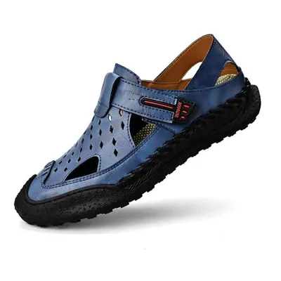 (blue, 44) Men Genuine Leather Hand Stitching Breathable Casual Soft Sandals