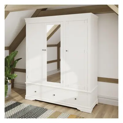 Triple Wardrobe Mirrored Door Storage Drawers Solid Pine MDF