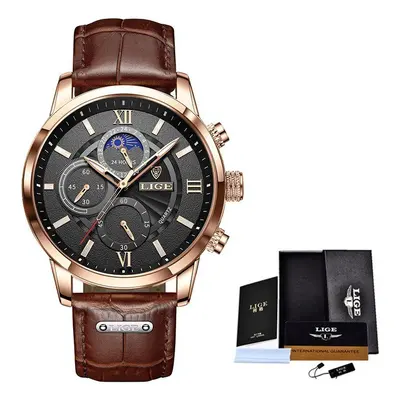 (gold black) New Mens Watches Top Brand Luxury Brown Leather Casual Quartz Watch