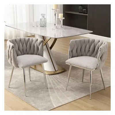 (Gray Set of 2) Modern Hand Weaving Dining Chairs with Silver Legs