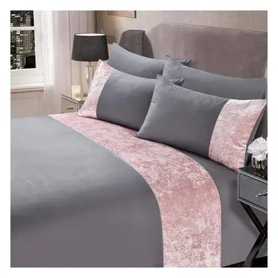 (Super King, Silver Grey Blush) Crushed Velvet Panel Band Duvet Cover with Pillow Case Bedding S