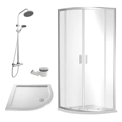 Ruwa Shower Enclosure Bundle with Quadrant Enclosure, Tray, Round Shower Kit & Waste - White/Chr