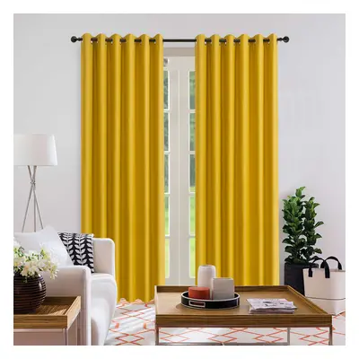 (Mustard, 66" x 72") Thick Thermal Blackout Ready Made Eyelet Ring Top Pair Curtains Panel