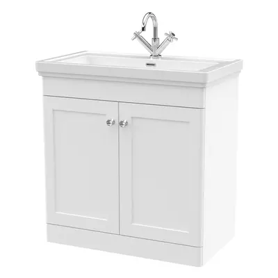 Traditional Floor Standing Door Vanity Unit with Tap Hole Fireclay Basin, 800mm - Satin White