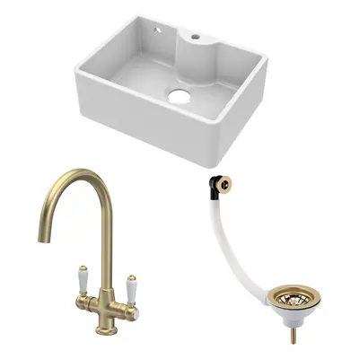 Fireclay Kitchen Bundle - Single Bowl Butler Sink with Overflow, Tap Hole, Waste & Lever Tap, 59