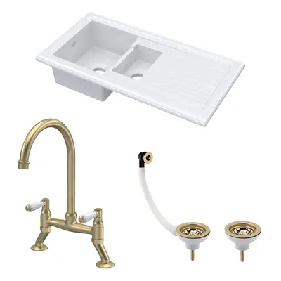 Fireclay Kitchen Bundle - 1.5 Bowl Sink & Drainer, Waste & Bridge Lever Tap, 1010mm - Brushed Br