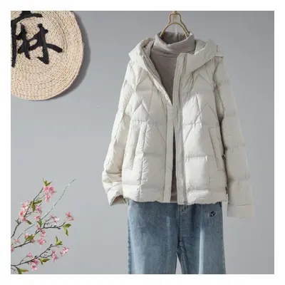 (beige, M) Light Down Jacket Women&apos;s Short Hooded Zipper Loose Straight Tube Autumn Winter 