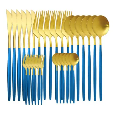 (blue,gold) 30pcs Matte Green Gold Cutlery Set Flatware Stainless Steel Dinnerware Kitchen Silve