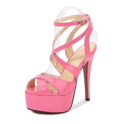 (pink, 36) Ladies Stiletto Shoes Shallow Glossy Cross Strap Sexy Fashion 14cm Heel 4cm Platform 