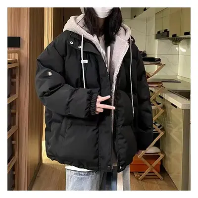 (black, XXL) Ladies Spliced Lamb Wool Thickened Cotton Suit Female Ins Winter Warm Student Casua