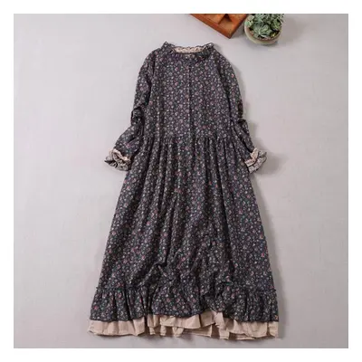 (navy blue, One Size) Mori Girl Autumn Spring Women Loose Long Dress Ruffled Collar Floral Cotta