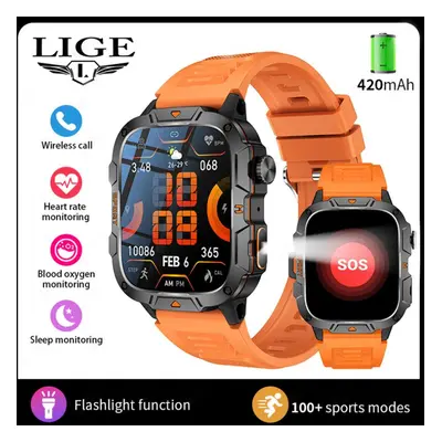 (orange, silicone strap) Lige New Led Flashlight Smart Watch 420mah Bluetooth Call Sports Fitnes