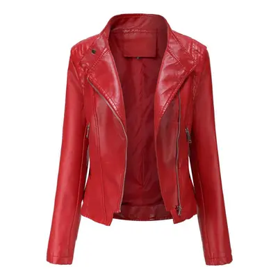 (red, 3XL) Women Faux Leather Biker Jacket Stand Collar Asymmetric Zip Up Pu Moto Coat Short Mot