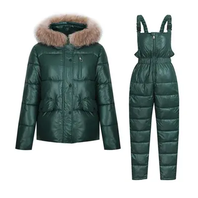 (green, XXL) Women Winter Short Hooded Glossy Windproof Waterproof Coat Two Pieces Suit Puffer J