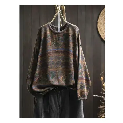 (One Size, coffee) Johnature Woman Autumn Niche Vintage O-neck Casual Loose Retro Sweater Chines