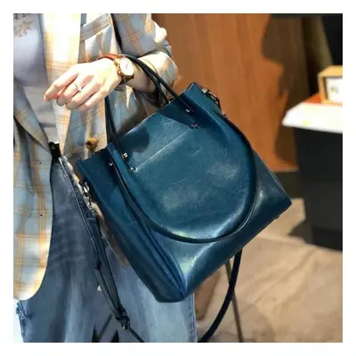 (blue) Casual Large Capacity Women Tote Shoulder Bag Genuine Leather Ladies Bucket Handbag Messe