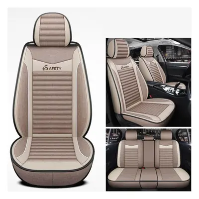 (Khaki) Five-seat Fully Surrounded Car Seat Cushion Four Seasons Universal Linen Fabric Seat Cov