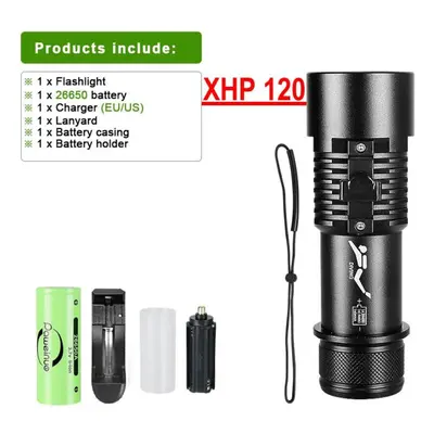 (black, With battery) 9000lm Xhp120 Professional Waterproof Diving Flashlight 800m Underwater Sc