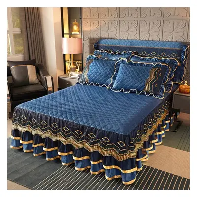 (sapphire blue, 180*200cm) Family Bedroom Princess Lace Quilted Bedspread Luxury Bedspread Skirt