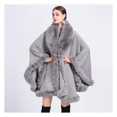 (light gray, One size) Elegant V Lapel Faux Rex Rabbit Fur Coat Cape Winter Women Big Long Shawl