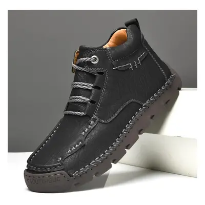 (black, 46) Men&apos;s Medium Top Casual Shoes Outdoor Leather Shoes Large Size Handmade Flat Sh