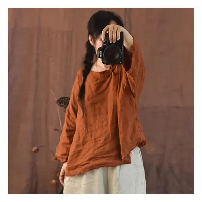 (orange, One Size) Johnature Women Vintage Linen Shirts Solid Color Long Sleeve Tops Autumn Butt