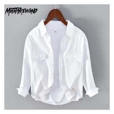 (white, XL) Korean Style Cargo Men Shirts Cotton Solid Color Shirt Spring Autumn Loose Casual To