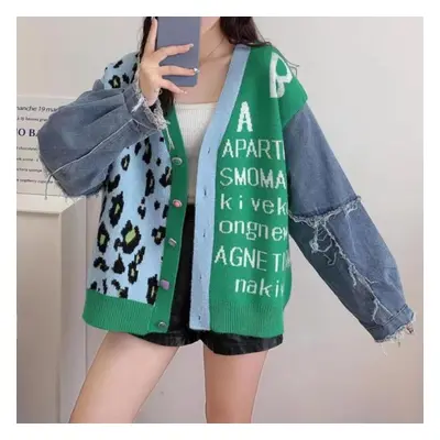 (green, One size) Winter Leopard Print Cardigan Women With Buttons Oversize Jacket Sweater Loose