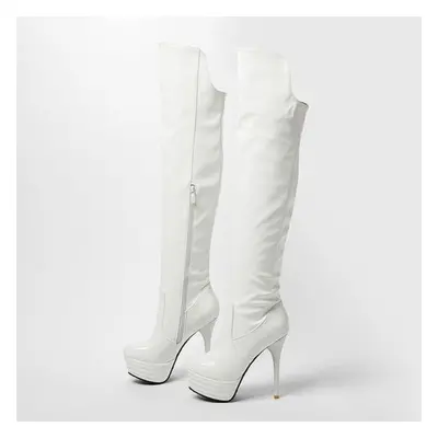 (white, 40) Black Red White Women Thigh High Boots Platform Super High Heel Small Big Size 46