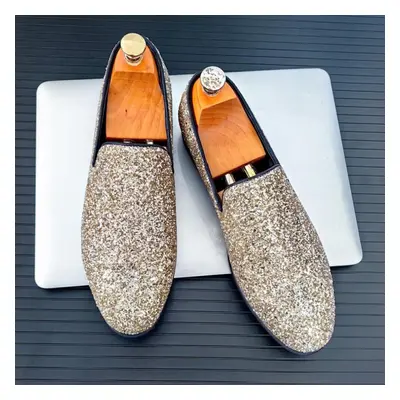 (gold, EU:46) Men's Loafers Dress Shoes Silver Party Nightclub Smoking Shoes Men Gold Retro Tuxe