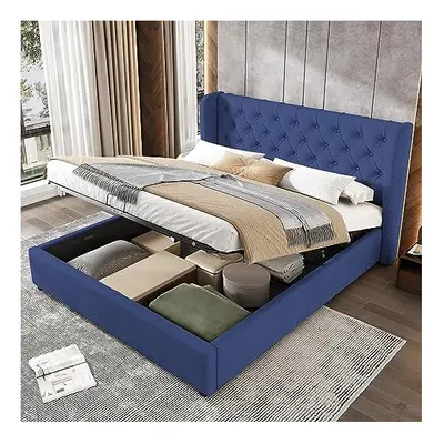 (Blue) Velvet Double Bed Frame 4FT6 with Storage