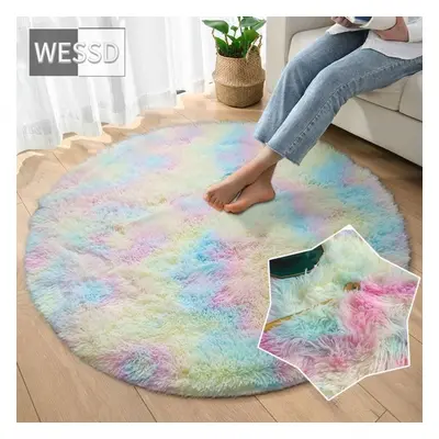 (as the picture, Diameter 200cm) Cute Rainbow Plush Carpet Round For Girl Room Cute Soft Shaggy 